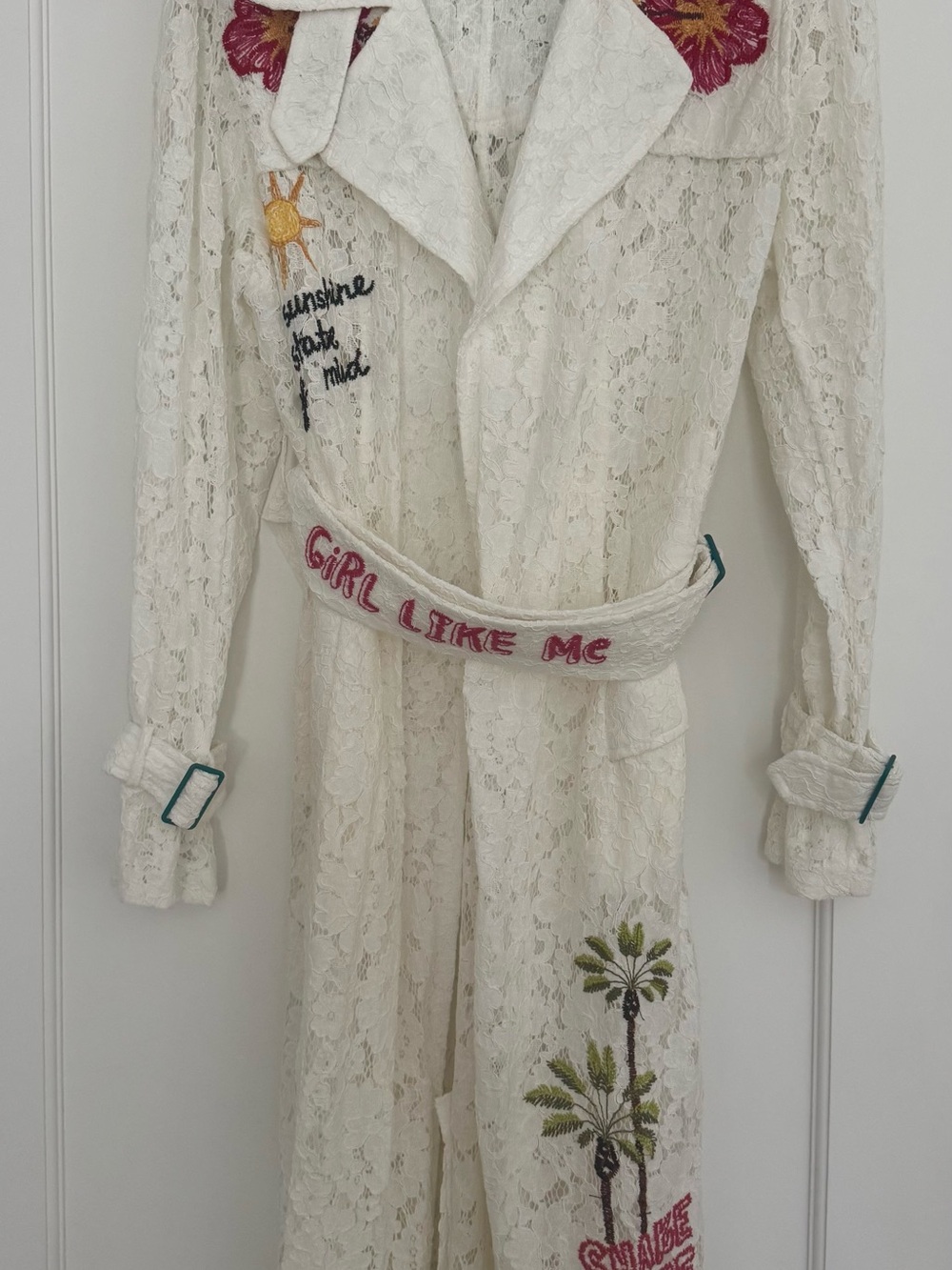 White Embroidered Lace Trench Coat with Statement Belt